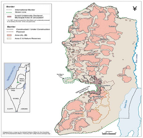 Figure 2. Map of the West Bank and its administrative regions under the Oslo Accords of 1993. From area C, by the Palestinian academic society for the study of international affairs, © PASSIA.