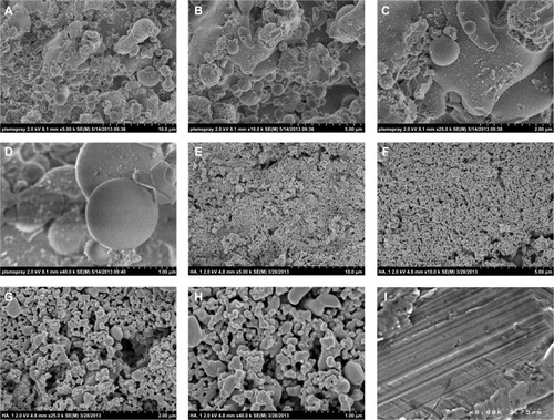 Figure 1 Scanning electron microscopy images of the samples of interest to the present study. It is clear that the electrophoretic-deposited (EPD) hydroxyapatite on titanium samples had the greatest degree of nanoscale surface roughness. (A–D) Plasma-sprayed hydroxyapatite on titanium. (E–H) EPD hydroxyapatite on titanium. (I) Plain titanium.