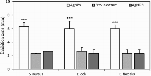 Figure 5. Inhibition of S. aureus, E. coli and E. faecalis growth in the presence of AgNPs synthesized using aqueous-ethanolic S. rebaudiana extract, aqueous-ethanolic Stevia extract or appropriately diluted AgNO3. Inhibition zones were measured following 16 h of bacteria growth in the presence of analyzed solutions or sterile H2O as a negative control. The histogram shows average values from three experiments ± SD. ***p < .001.