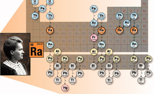 Figure 1. Production and decay of 226Ra (left), 223Ra (center), and 228Ra and 224Ra (right).