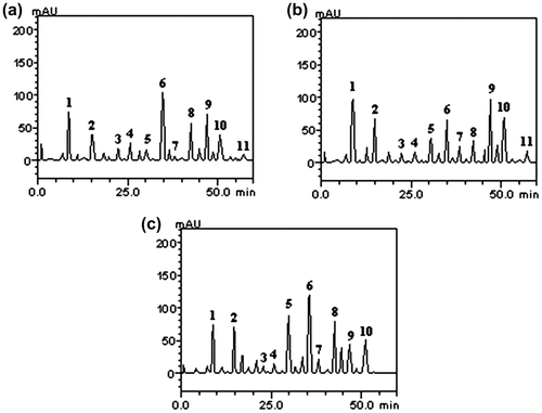 Figure 2. Chromatographic profile of Psidium cattleianum juices: (a) Distrito de Arroio Grande (DAG); (b) Distrito de Palma (DP); (c) Universidade Federal de Santa Maria (UFSM); UV detection at 327 nm. Gallic acid (peak 1), catechin (peak 2), chlorogenic acid (peak 3), caffeic acid (peak 4), ellagic acid (peak 5), epicatechin (peak 6), rutin (peak 7), quercitrin (peak 8), isoquercitrin (peak 9), quercetin (peak 10), and kaempferol (peak 11).