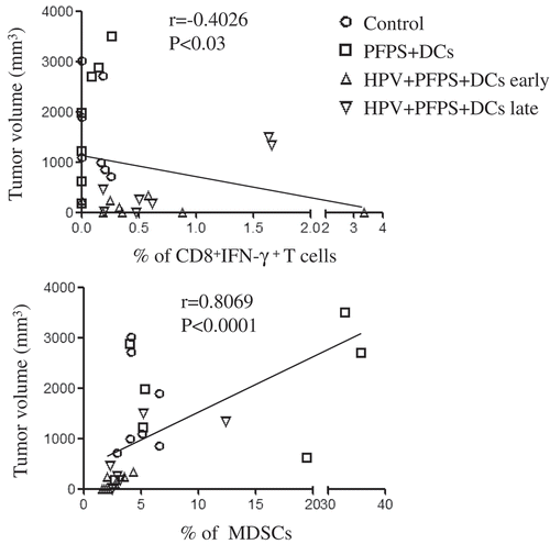 Figure 5. The correlation of CD8+IFN-γ+ T cells and MDSCs with tumor volumes.The nonparametric correlation was calculated by GraphPad Prism 5