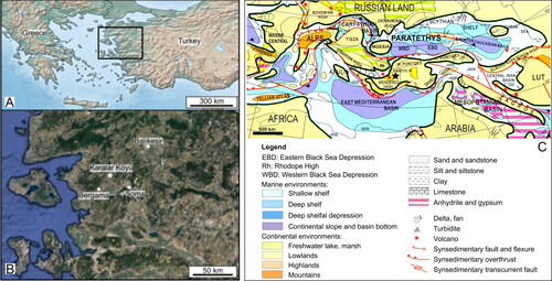 Figure 2. Geographic and palaeogeographic overview. A, geographic map of south-eastern Europe and Turkey (rectangle indicates map shown in B); B, map of Western Turkey showing location of the fossiliferous site Karalar Köyü (star); C, Early Miocene (20.5–19 Ma) palaeogeography of Central Europe and Western Asia and position of Karalar Köyü (star). Sources: A, B, https://www.simplemappr.net/; Imagery ©2022 TerraMetrics, Map data ©2022 Google; C, modified from Popov et al. (Citation2004, map 4).