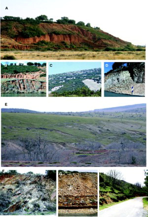 Figure 4. A. Slope instability by lateral fluvial erosion and waterlogging favoured by detrital material. Alba de Yeltes. B. Rotational landslide caused by unstable river margin. Aldehuela of Yeltes. C. Flows of rock fragments-scree-vegetation with scattered vegetation nuclei. Serradilla del Arroyo. D. sliding caused by fractures crossing in Armorican quartzite. Monsagro. E Scars of shallow landslides associated with fluvial incision into an old fracture. La Bastida. F. Break in slope rollover Armorican quartzite. Pastores. G. Destabilisation of the retaining wall of a crag. Monsagro. H. Intense erosion promoted by a road cut.