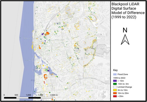 Figure 15. Blackpool LiDAR 1999 to 2022 DSM comparison (OpenStreetMap).