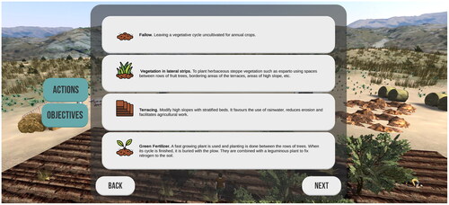 Figure 4. Screenshot of the ‘visual dictionary’ that gives information about the actions available for the user and briefly introduces potential consequences of the gameplay. Source: LIFE AMDRYC4 (Universidad de Murcia, Citation2021b).