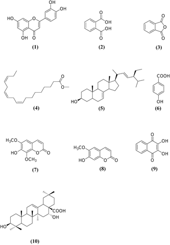Figure 3.   Structures of (1) luteolin, (2) phthalic acid, (3) phthalic anhydride, (4) methyl linolenate, (5) spinasterol, (6) p-hydroxybenzoic acid, (7) isofraxidin, (8) scopoletin, (9) 2,3-dihydroxy-1,4-naphthoquinone and (10) echinocystic acid.