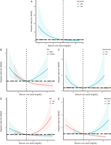 Figure 3 RCS curve for the association between sUA with the risk of SAAC. (A) the association between sUA and SAAC stratified by age; (B) the association between sUA and SAAC stratified by sex; (C) the association between SUA and SAAC stratified by hypertension; (D) the association between SUA and SAAC stratified by DM; and (E) the association between SUA and SAAC stratified by BMI.