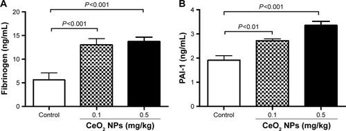 Figure 6 Fibrinogen (A) and plasminogen activator inhibitor-1 (PAI-1) (B) concentrations in plasma 24 hours after intratracheal instillation of either saline or 0.1 or 0.5 mg/kg cerium oxide nanoparticles (CeO2 NPs) in mice. Data are mean ± standard error of the mean (n=6–8 in each group).