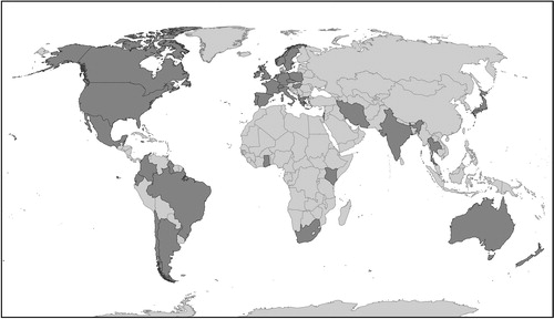 Figure 1. Map of contributing author’s countries (cartographer: Trina King, Wilfrid Laurier University).