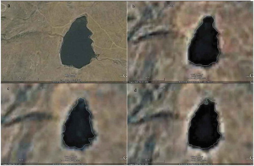 Figure 5. The images of the pond No.5, in December of a: 2016, b: 2014, c: 2011, and d: 2005.