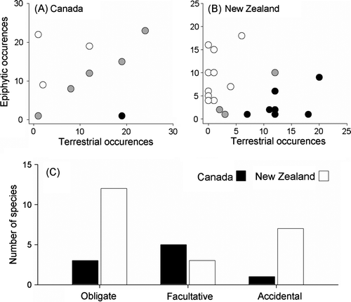 Fig. 2  Results from community-level analyses of epiphyte distributions in two study sites located in (A) New Zealand and (B) Canada. Each point in (A) and (B) represents the distribution of a single plant species. Obligate epiphytes are shown in white, facultative epiphytes are shown in grey and accidental epiphytes are shown in black. (C) Overall differences in the tendency of plants to occur as obligate, facultative and accidental epiphytes in the Canadian study site (black bars) and the New Zealand study site (white bars).
