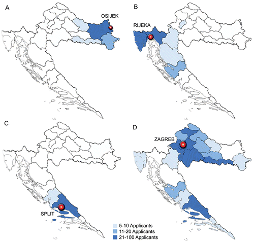 Figure 2. The counties are primary territorial and administrative subdivisions of Croatia. The maps depict the counties that were the major source of 2006/07 applicants in the medical schools in (A) Osijek, (B) Rijeka, (C) Split and (D) Zagreb.