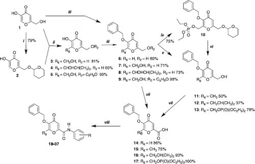 Scheme 1 Synthesis of 5-benzyloxy-4-oxo-4H-pyran-2-carboxamide and [6-aminocarbonyl-3-benzyloxy-4-oxo-4H-pyran-2-yl]methyl diethyl phosphate derivatives 18–37. Reagents and conditions: (i) DHP, PTSA.H2O, CH2Cl2, rt, 2; (ii) HCHO, NaOH/H2O, rt, 3; (CH3)2CHCHO, NaOH/H2O, rt, 4; HCHO, NaOH/H2O, MeOH, rt, 5; (iii) BnBr, NaOH/H2O, MeOH, Δ, 6–9; (iv) ClP(O)(OC2H5)2, pyridine, DMAP, CH2Cl2, rt, 10; (v) Zn/HCl, H2O, 70°C, 11, 12; (vi) HCl 1N, Δ, 13; (vii) CrO3, H2SO4, acetone, 0°C or − 20°C, 14–17; (viii) Method A: TBTU, Et3N, toluene/acetonitrile, rt, 18–20; Method B: DEPBT, DIEA, THF, Δ, 21, 22; Method C: CMPI, Et3N, CH2Cl2, Δ, 23–37.