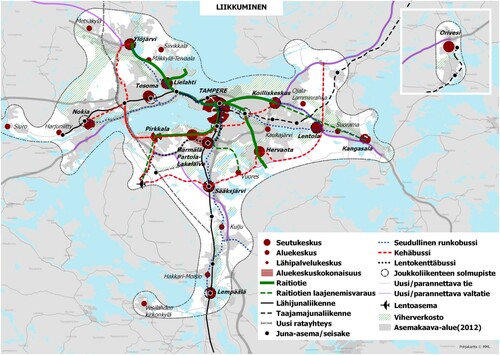 Figure 2. Tampere region transportation plan with the tramway shown as a solid green line and its extensions as dashed green line (Source: Tampereen kaupunkiseutu, Citation2040, Citation2019).