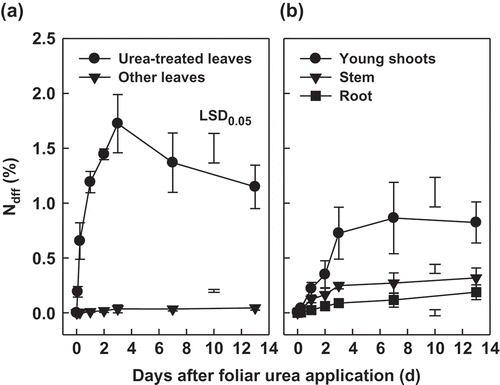 Figure 2 Nitrogen derived from foliar applied urea (Ndff) in (a) leaves and (b) other organs of tea (Camellia sinensis L.) plants [means ± standard deviation (SD), solution experiment]. Bars of least significant difference (LSD) value indicate significant difference at p < 0.05.