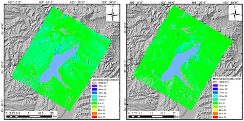 Figure 5. LOS deformation rate images of Liujiaxia Reservoir area. (a) Ascending displacement rate map of the Liujiaxia Reservoir area; (b) descending displacement rate map of the Liujiaxia Reservoir area.