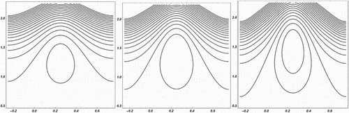 Figure 19. Streamlines with n=0.333,α1′′=0.2,α2′′=0.3,t1=13,t2=300 and (i)φ=0.4 (ii)φ=0.5 (iii)φ=0.6