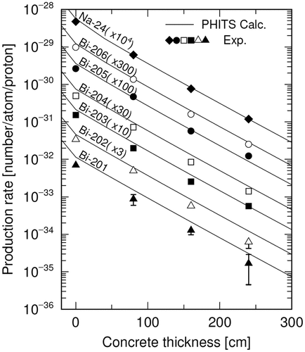 Figure 10. Comparison of experimental and simulated attenuation profiles of the radionuclide production rates.