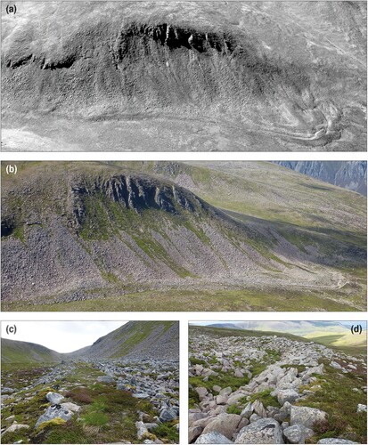 Figure 6. The Coire Beanaidh relict talus rock glacier. (a) Oblique satellite image showing how the steep-fronted debris bench to the SE (left) broadens to the NW, forming a distinct lobe containing two to four nested debris ridges (Google EarthTM image). (b) Photograph of the rock glacier from the opposite side of Coire Beanaidh. (c) View SE along the debris bench. (d) The terminal ridge at the NW end of the lobate section.