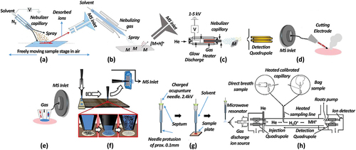 Figure 5. Schematics of ambient mass spectrometry techniques that have been applied to authentication of muscle foods. a) Desorption electrospray ionization (DESI-MS)[Citation301]; b) Easy ambient sonic-spray ionization (Easi)[Citation302]; c) Direct analysis in real-time (Dart)[Citation303]; d) Rapid evaporative ionization mass spectrometry (Reims)[Citation304]; e) MasSpec pen[Citation304]; f) Liquid extraction surface analysis (Lesa)[Citation305]; and g) Sheath-flow probe electrospray ionization (sfPesi).[Citation306] Adapted with permission from the publishers (Wiley, Royal Society of Chemistry, ACS, AAAS, and Elsevier).