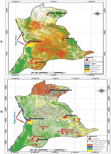 Figure 8. Land use/land cover maps for (a) 1986 and (b) 2013 (modified after Ifeka & Akinbobola, Citation2015)
