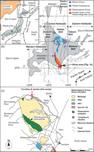 Figure 1. (a) Simplified tectonic map of Japan and eastern Eurasia. (b) Tectonic map of central Hokkaido, modified after Ueda (Citation2016) and Nanayama et al. (Citation2019). Depositional ages for subduction complexes are after Ueda (Citation2016), and Nanayama et al. (Citation2019) and references therein, and zircon U–Pb ages for Hidaka Magmatic Zone are after Jahn et al. (Citation2014). (c) Geologic map of the Hiroo area, after Nanayama (Citation1992) and Yamasaki and Nanayama (Citation2018). HR1 and HR2 consist mainly of mudstone-dominant turbidite and massive coarse-grained sandstone, respectively. Gm −01 and Gm −02 are greenish mudstone layers (Nanayama Citation1992). Greenstone complex is intruded into red bedded chert with Early Cretaceous Aptian–Albian (126–100 Ma) radiolaria (Nanayama Citation1992). Depositional age for the Hiroo Complex is after Nanayama et al. (Citation2018, Citation2019).
