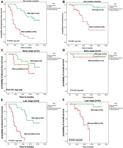 Figure 3 The impact of MSI levels in all CRC patients on (A) PFS and (B) OS rates. The impact of MSI levels in early-stage CRC patients on (C) PFS and (D) OS rates. The impact of MSI levels in late-stage CRC patients on (E) PFS and (F) OS rates.