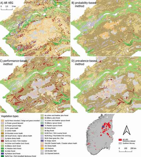 Figure 5. An area in southern central Norway (see blue box on location map), mapped at a scale of 1:25,000 by the vegetation mapping system used by NIBIO. (A) The AR VEG reference map for the area. (B–D) The three assembled maps, obtained by (B) the probability-based method, (C) the performance-based method, and (D) the prevalence-based method