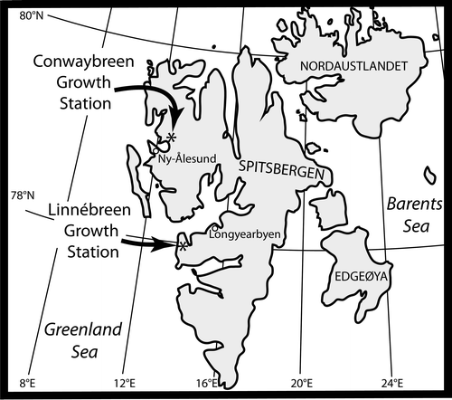 FIGURE 1 Svalbard lichen growth station locations.