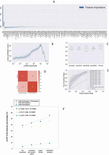 Figure 1. The histogram of the LASSO logistic regression weights represents the importance of each feature for the classification task, (A) The positive weights reflect a susceptible behavior of the features to the target COVID-19 disease, whereas the negative weights a protective action. (B) Cross-validation ROC-AUC score for the grid of LASSO regularization parameters; the error bar is given by the standard deviation of the score within the 10 folds; the optimal regularization parameter is chosen by selecting the one with highest cross-validation score (red point). (C) Boxplot of accuracy, precision, sensitivity, specificity, and ROC-AUC score for the 10-fold of the cross-validation. The box extends from the Q1 to Q3 quartile, with a line at the median (Q2) and a triangle for the average. (D) Confusion matrix for the aggregation of the logistic regression predictions in the 10 folds of the cross-validation. (E) ROC curve for the 10 folds of the cross-validation. (F) Distribution of carriers of the polymorphism L412F in homozygous or heterozygous states stratified by clinical category.