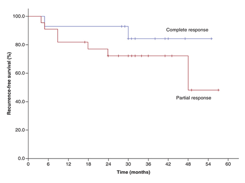 Figure 1. Kaplan–Meier survival plot showing recurrence-free survival for the complete responder and partial responder.