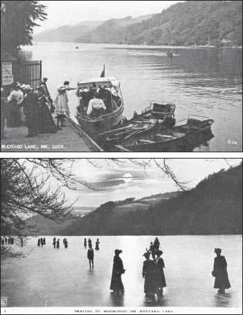 Plate I. In addition to their water supply function, reservoirs became a leisure destination. In these early twentieth-century photographs people can be seen skating and boating on the reservoir at Rudyard. Then photographs were taken from the western shore at the southern end of the reservoir about 300 m away from the dam, looking NNE away from the dam. While these photographs give an impression of the large extent of the reservoir, they are taken at the narrower end. Rudyard is which is nearly 3km long and over 300 m wide at the widest part. Images © Staffordshire Museum Service, reproduced with permission.