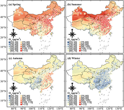 Figure 9. Verification of spatial distribution of seasonal average O3. The site-based seasonal mean ground-level ozone concentrations are represented by tinctorial circles.