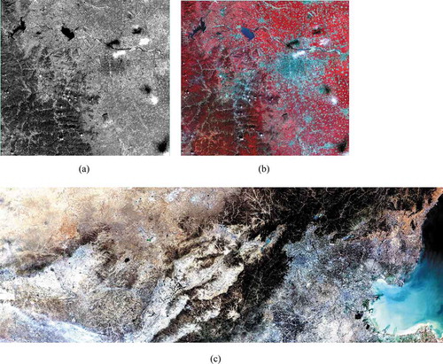 Figure 1. P, MS, and WFV images acquired by the GF-6 satellite. (a) P, (b) MS (bands 4, 3, and 2), (c) WFV (bands 3, 2, and 1)