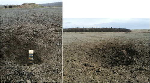 Figure 7. Left - placing of the explosive charge in the soil. Right - the shell crater formed.