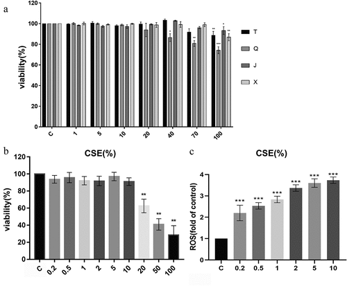 Figure 2. Effect of different concentrations of alkaloids and CSE on viability and ROS production in A549 cells. (A) The cell viability was detected by the CCK8 assay after incubation with 0–100 μM of alkaloids for 24 h. (B) The cell viability was detected by the CCK8 assay after incubation with 0–100% CSE for 24 h. (C) The level of ROS in A549 cells was detected by flow cytometry after incubation with 0–10% CSE for 24 h. T: chuanbeinone; Q: ebeiedinone; J: imperialine; X: peimisine. n = 3, *p < .05, **p < .01, ***p < .001 vs. The control group.