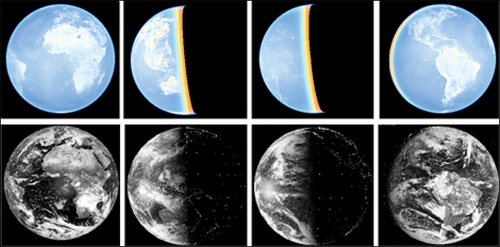 Figure 8. The Earth calculated and experimental images obtained from the geostationary orbits.