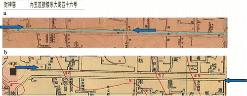 Figure 4. The temple record for caishenmiao Display full size, guloudong dajie Display full size shown on the 1937 map (a) and the 1916 map (b).