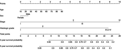 Figure 1 Prognostic nomogram for P-NET. This nomogram consists of eight lines. The first line is the point line for each variable axis. Then the next four lines are variable axes, including “Age”, “Sex”, “Histologic Grade” and “Stage”. For an individual patient, a vertical line is made between each variable axe and the point line, which determines the number of point for each variable. After summing these points to get the total points, a vertical line can be drawn between the “Total Points” line and “3-year survival probability” or “5-year survival probability” line to determine the probability of 3 or 5-year survival, respectively. Stage, American Joint Committee on Cancer (AJCC) staging classification established by AJCC in 2010; Histologic Grade is assessed by tissue differentiation based on HE staining.