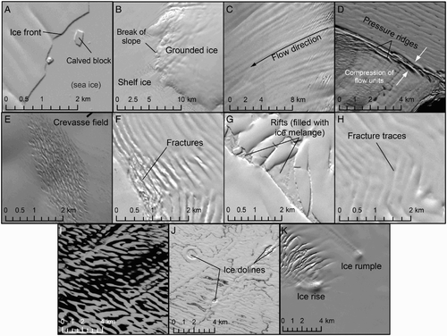 Figure 2. Feature identification in Landsat ETM+ Panchromatic Band 8 as discussed in the main text. (A) An ice front and adjacent sea ice, (B) the grounding line/ break of slope, (C) longitudinal structures (flowlines), (D) pressure ridges (also termed pressure rollers), (E) crevassing on grounded ice, (F) fractures emanating from the grounding line, (G) rifts filled with ice melange, (H) fracture traces (healed fractures), (I) surface meltwater on George VI Ice Shelf, (J) ice dolines, (K) an ice rise and ice rumple.