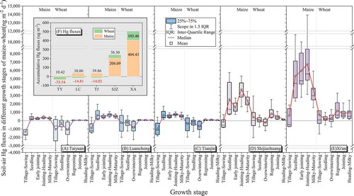 Figure 1. Boxplots of the soil-air TGM exchange fluxes (ng m−2 d−1) during different growth stages of maize-wheat in each plot (a–e); Accumulative soil-air TGM exchange fluxes (ug m−2) during the whole observation in the five plots (f)