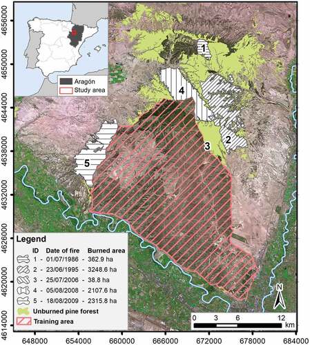 Figure 1. Location of the fires and the unburned area. High spatial resolution orthophotography from PNOA Spatial Data Infrastructure (SDI) is included as backdrop.