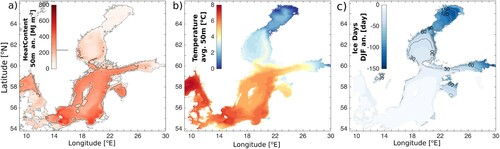 Figure 4.4.3. (a) Spatial distribution of upper layer (0–50 m) ocean heat content anomaly in the Baltic Sea in winter 2019/20 (December–February) (product ref. 4.4.2). The anomalies are calculated relative to the climatological (1993–2014) winter (December–February) mean spatial distribution (product ref. 4.4.1). The black contour corresponds to 211 MJ/m2 ocean heat anomaly isoline. (b) The upper 50 m layer average temperature in the Baltic Sea in winter 2019/20 (December–February) (product ref. 4.4.2). (c) The number of ice days (sea ice concentration >0.15) anomaly in winter 2019/20 (December–February) (product ref. 4.4.3) compared to the climatological number of days during the ice season October–May. Black contours correspond to the climatological number of sea ice days.