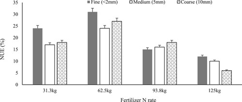 Figure 5. Effect of different biochar sizes and inorganic N fertilizer application rates on NUE of lettuce (average of major and minor cropping season). Data points are the means of four replicates. Bars represent standard error of means.