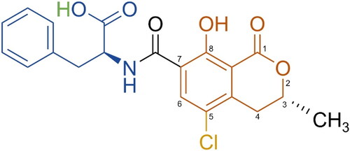 Figure 2. Chemical structure of OTA, IUPAC name N-{[(3R)-5-chloro-8-hydroxy-3-methyl-1-oxo-7-isochromanyl]carbonyl}-3-phenyl-l-alanine. The yellow part represents the chlorine substituent, blue is the phenylalanine part, orange is the dihydro-isocoumaring ring, and green are the acidic hydrogens. Adapted and reprinted with permission from Kőszegi and Poór (Citation2016). Copyright 2016 MDPI, Basel, Switzerland.
