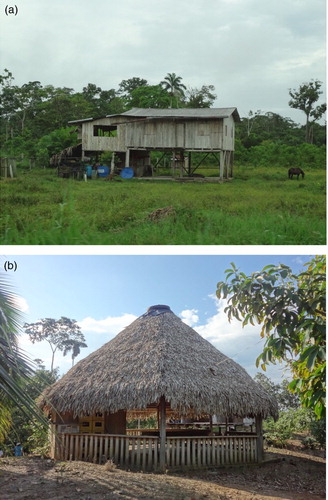 Figure 3. (a) and (b). Traditional architecture in the Amazon region. Photos taken by the author, January, 2015. © (Alejandra Espinosa).