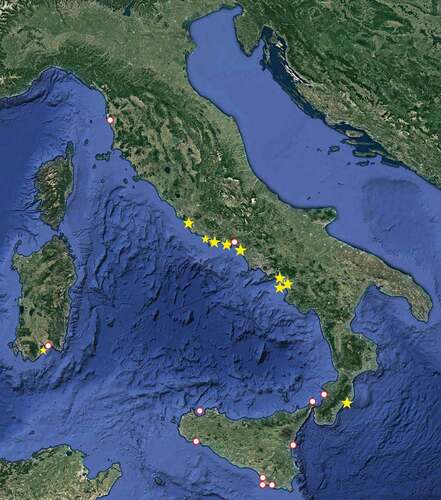 Figure 2. Records of Albunea carabus in the Italian seas: circles, literature records; stars, present material