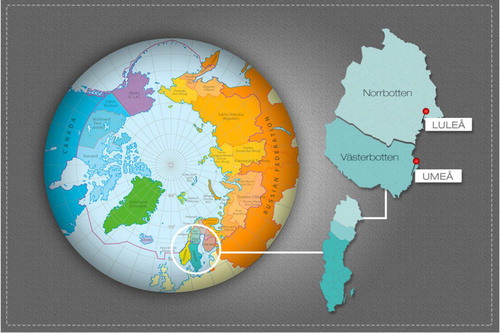 Fig. 1.  Norrbotten and Västerbotten counties and the 2 residential centres of Umeå and Luleå in northern Sweden.