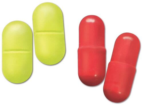 Figure 2. Illustration of the antibiotic tablets prescribed for BU treatment. The yellow tablet is clarithromycin and the red capsule as rifampicin; only the rifampicin colours urine red. Illustration by Joanna Butler.